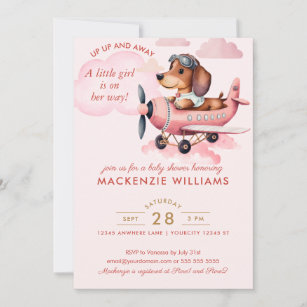  Cute Blush Pink Dachshund Plane Baby Shower Girl Invitation