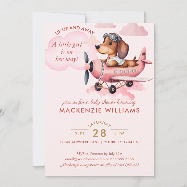  Cute Blush Pink Dachshund Plane Baby Shower Girl Invitation (Front)