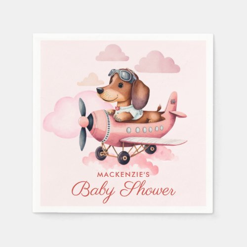 Cute Blush Pink Dachshund Plane Girl Baby Shower  Napkins