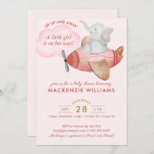  Cute Blush Pink Elephant Plane Baby Shower Girl Invitation (Front/Back)