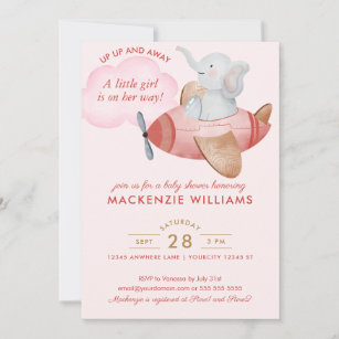  Cute Blush Pink Elephant Plane Baby Shower Girl Invitation