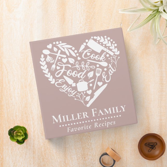 Cute Blush Pink Family Name Heart Recipe Cookbook 3 Ring Binder (In Situ)