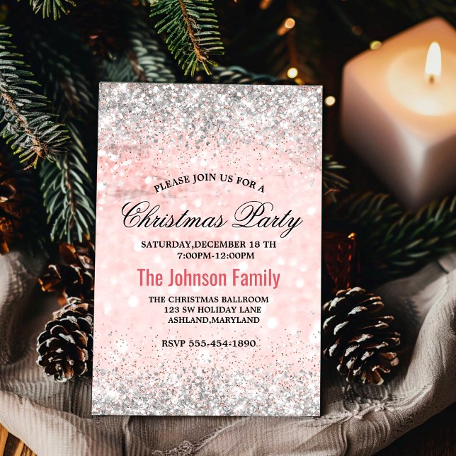 Cute blush pink faux silver glitter Christmas  Invitation (Creator Uploaded)