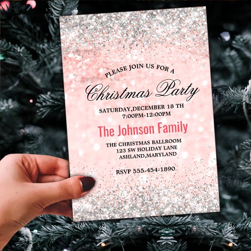Cute blush pink faux silver glitter Christmas  Invitation