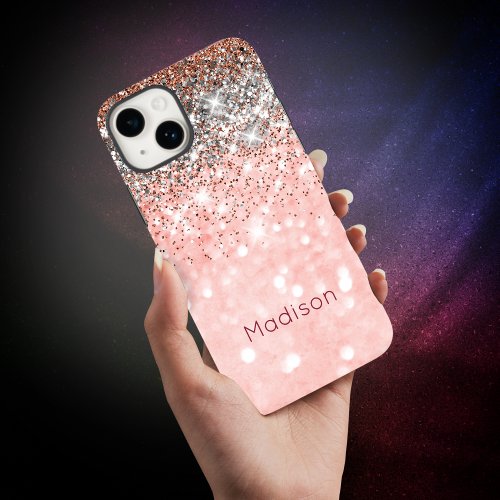 Cute blush pink faux silver glitter monogram iPhone 15 case