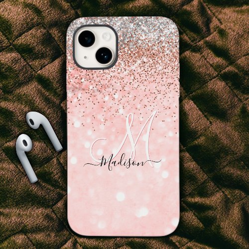 Cute blush pink faux silver glitter monogram Case_Mate iPhone 14 case
