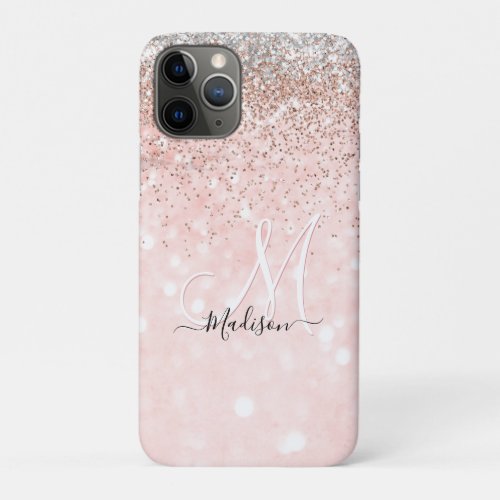 Cute blush pink faux silver glitter monogram iPhone 11 pro case