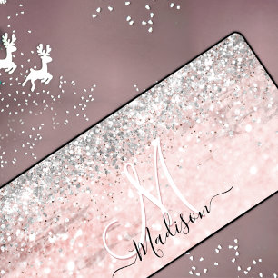 Cute blush pink faux silver glitter monogram desk mat