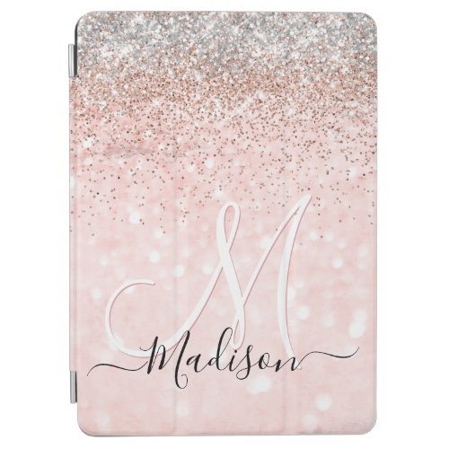 Cute blush pink faux silver glitter monogram iPad air cover