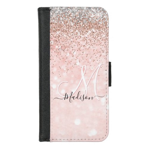 Cute blush pink faux silver glitter monogram iPhone 87 wallet case