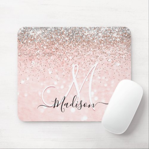 Cute blush pink faux silver glitter monogram mouse pad