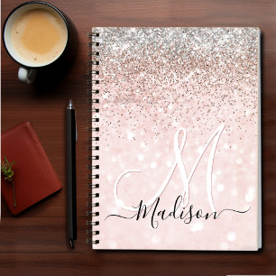 Cute blush pink faux silver glitter monogram notebook