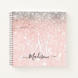 Cute blush pink faux silver glitter monogram notebook