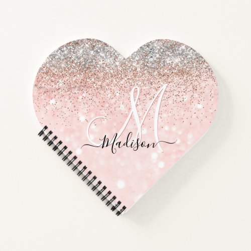 Cute blush pink faux silver glitter monogram notebook