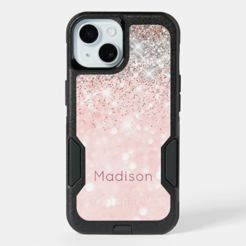 Cute blush pink faux silver glitter monogram iPhone 15 case