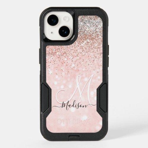 Cute blush pink faux silver glitter monogram OtterBox iPhone 14 case