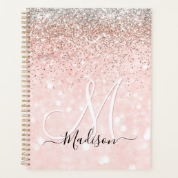 Cute blush pink faux silver glitter monogram planner