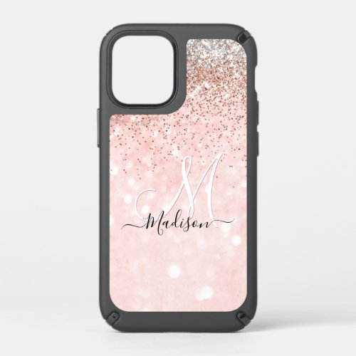 Cute blush pink faux silver glitter monogram speck iPhone 12 mini case