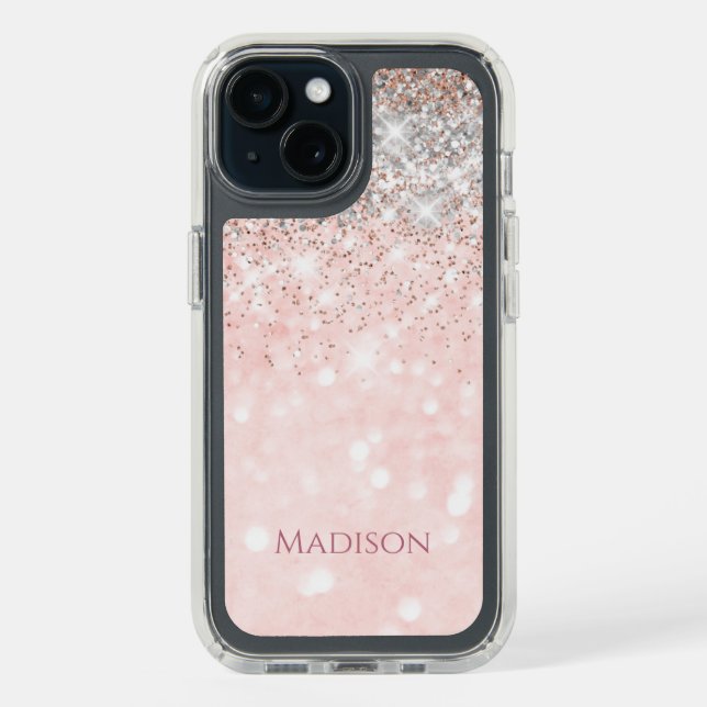 Cute blush pink faux silver glitter monogram speck iPhone case (Front (Black))