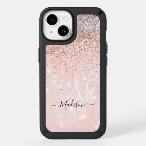 Cute blush pink faux silver glitter monogram speck iPhone 14 case