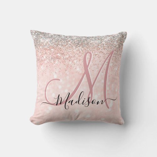 Cute blush pink faux silver glitter monogram throw pillow