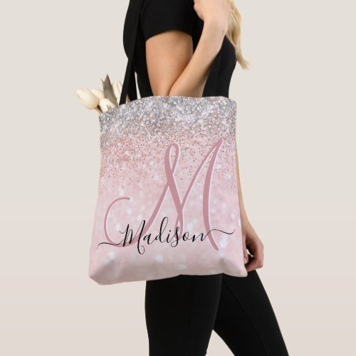 Cute blush pink faux silver glitter monogram tote bag