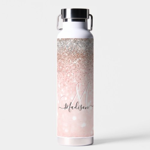 Cute blush pink faux silver glitter monogram water bottle