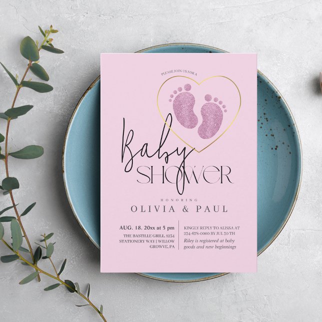 Cute Blush Pink Feet Glitter Baby Girl Shower  Invitation (Creator Uploaded)