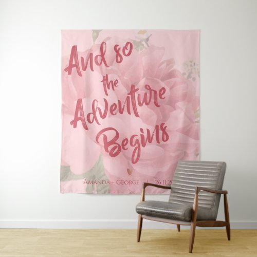 Cute Blush Pink Floral Adventure Begins wedding Tapestry