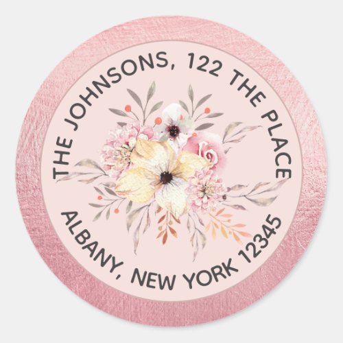 Cute Blush Pink Floral Baby Shower Return Address Classic Round Sticker