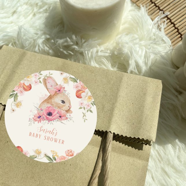 Cute Blush Pink Floral Bunny Baby Shower  Classic Round Sticker (Creator Uploaded)