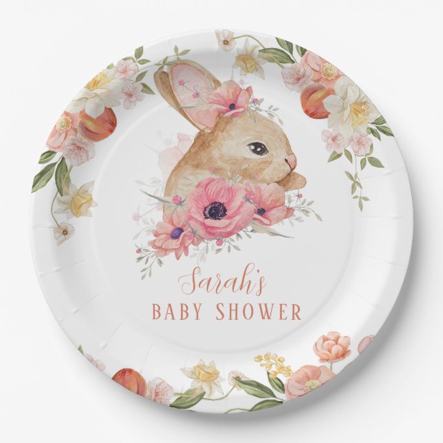 Cute Blush Pink Floral Bunny Baby Shower Paper Pla Plates (Front)