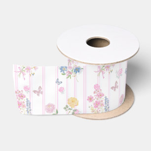 Cute Blush Pink Floral Butterfly Satin Ribbon