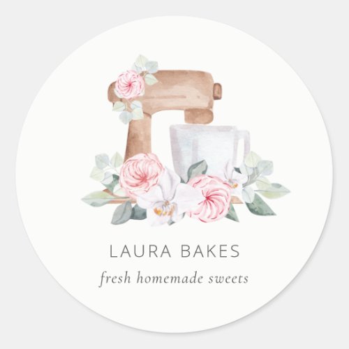 Cute Blush Pink Floral Cake Mixer Bakery Catering Classic Round Sticker
