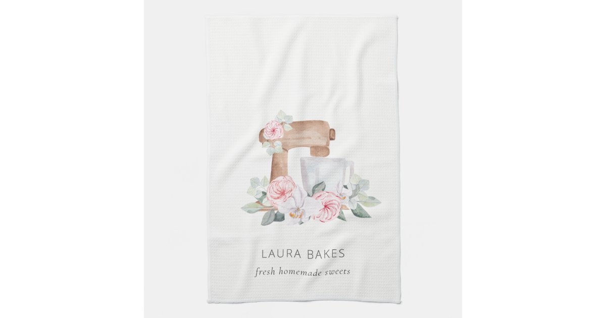 Cute Blush Pink Floral Cake Mixer Bakery Catering Kitchen Towel | Zazzle