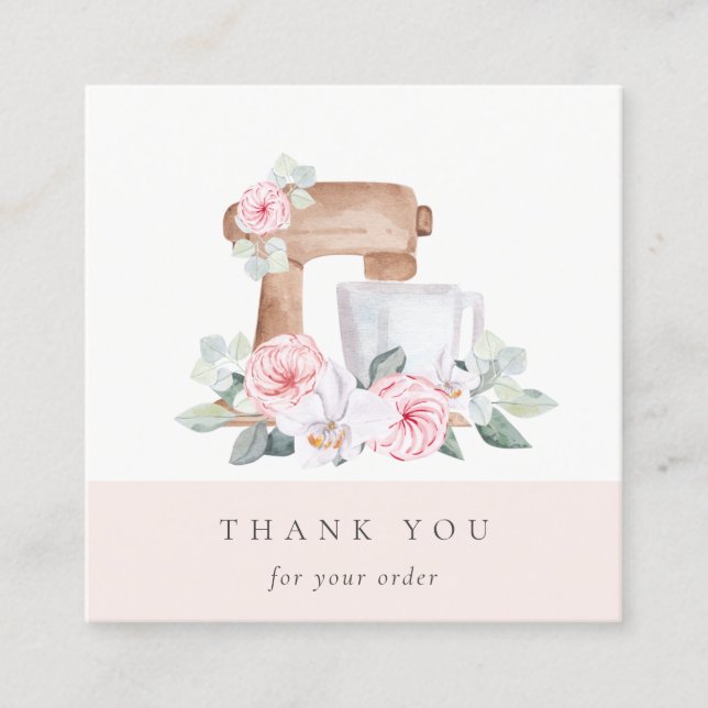 Cute Blush Pink Floral Cake Mixer Bakery Thank You Square Business Card (Front)