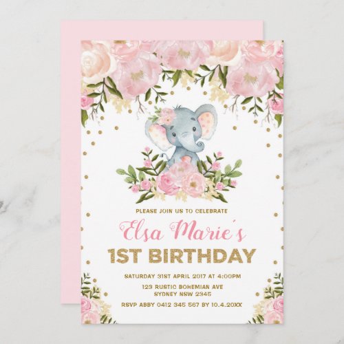 Cute Blush Pink Floral Elephant 1st Birthday Party Invitation