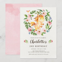 Cute Blush Pink Floral Horse Pony Girl Birthday Invitation