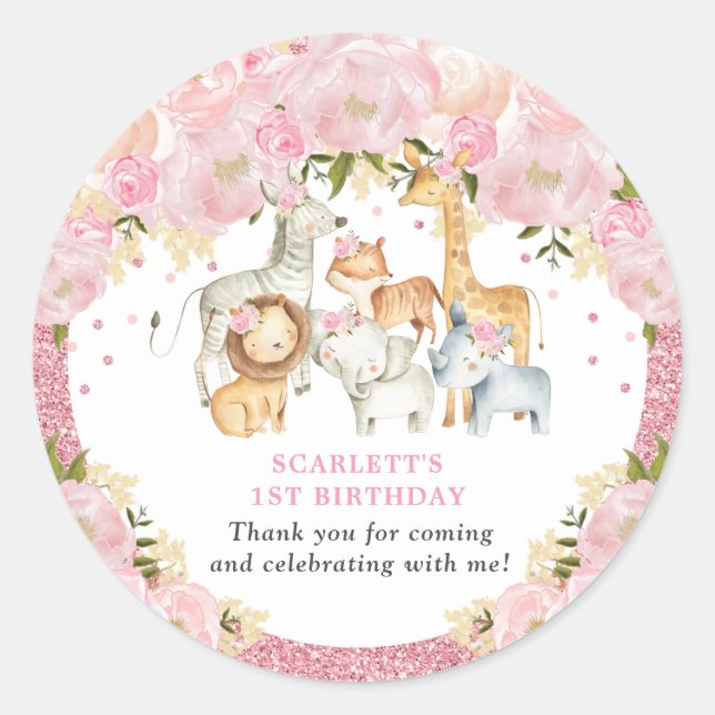 Cute Blush Pink Floral Jungle Birthday Baby Shower Classic Round Sticker (Front)