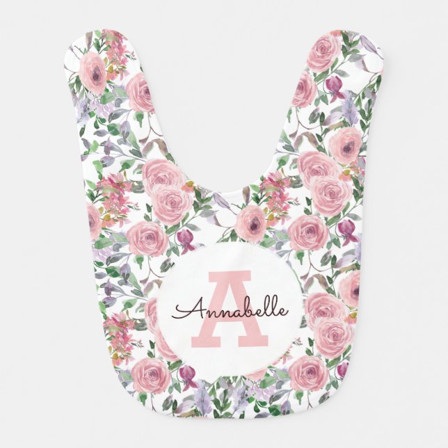 Cute Blush Pink Floral Rose Monogram Script Baby Bib (Front)