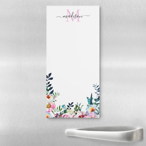 Cute Blush Pink Floral Watercolor Monogram Script Magnetic Notepad