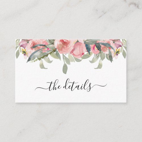 Cute Blush Pink Floral Watercolor Wedding Details Enclosure Card