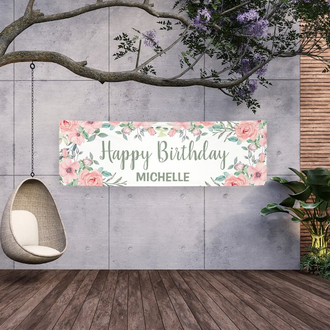 Cute Blush Pink Flowers Happy Birthday  Banner (Pink floral custom outdoor birthday banner. Personalize with your own text.)