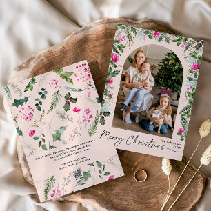 Cute Blush Pink Foliage Arch Merry Christmas Photo Holiday Card