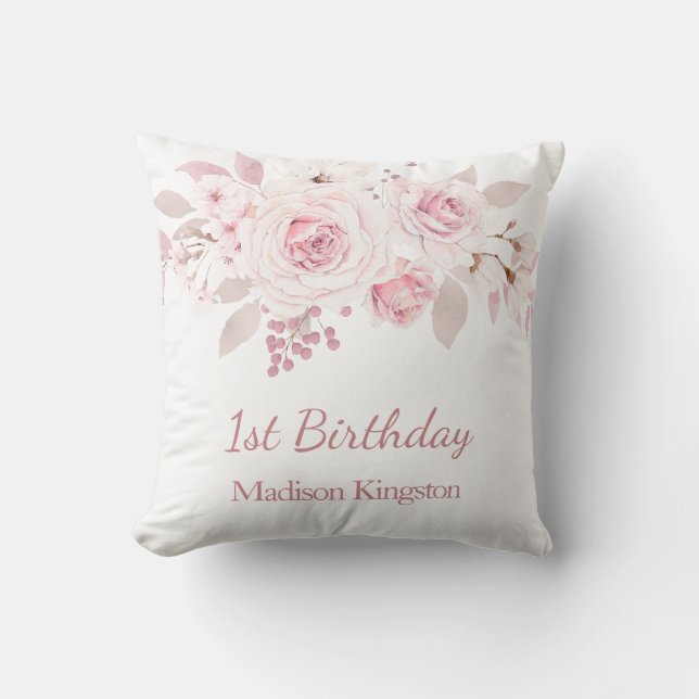Cute Blush Pink Girls 1st Birthday Party Gift Throw Pillow (Front)