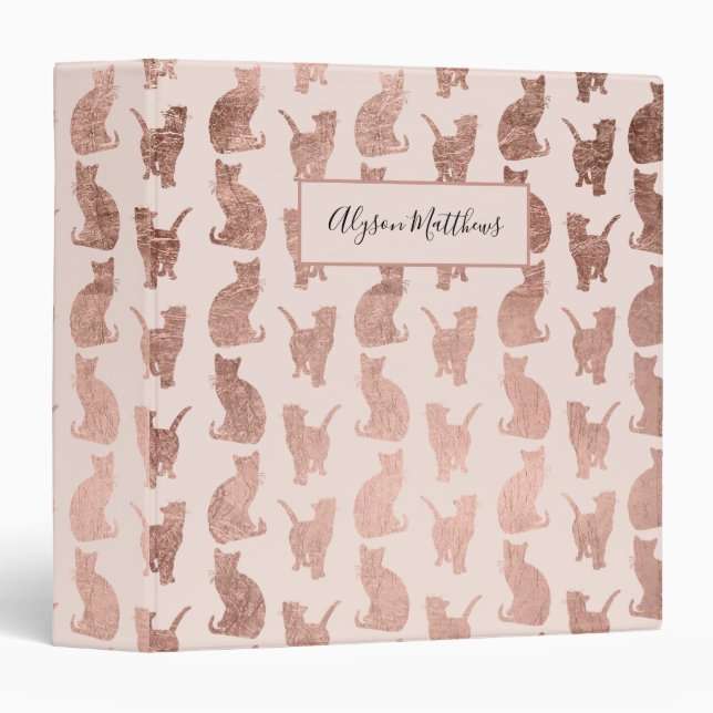 Cute blush pink girly rose gold cats pattern 3 ring binder (Front/Spine)