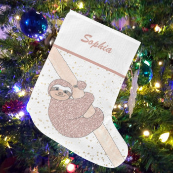 Cute Blush Pink Glitter Sloth Name Large Christmas Stocking by SewMosaic at Zazzle