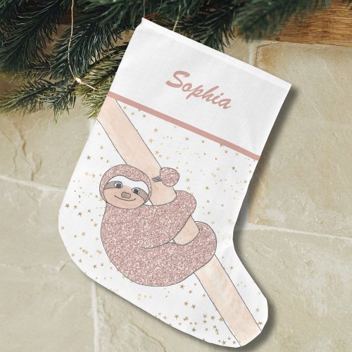 Cute Blush Pink Glitter Sloth Name Large Christmas Stocking