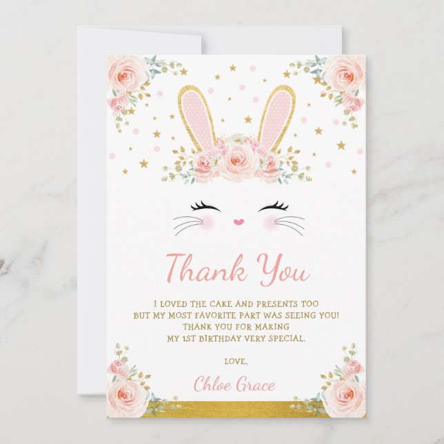 Cute Blush Pink Gold Bunny Easter Rabbit Birthday Thank You Card (Front)