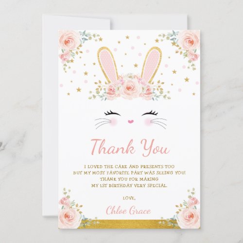 Cute Blush Pink Gold Bunny Easter Rabbit Birthday Thank You Card